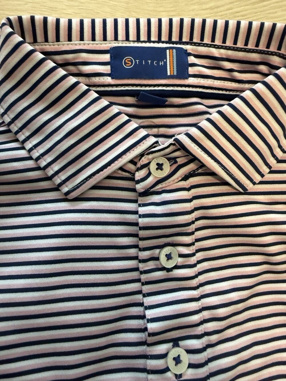 Stitch Golf Polo Shirt Mens S Pink White Blue Striped Old Natchez CC 1889 Golf